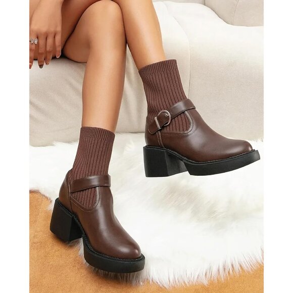 Newbella Women Brown Two Tone Strap Casual Non Slip Sole Boot with Arch Support - Picture 4 of 5